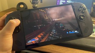 A Lenovo Legion Go S handheld with SteamOS in Nebula Nocturne colour scheme