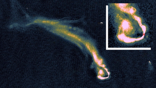 The radio emission of Tailed Radio Galaxy, observed at 144 MHz with an angular resolution of 0.34 \00d7 0.24 arcseconds, shows a complex and filament-rich structure. In the upper right corner, a close-up of the region centered on the host galaxy is shown, whose nucleus is indicated with a red cross