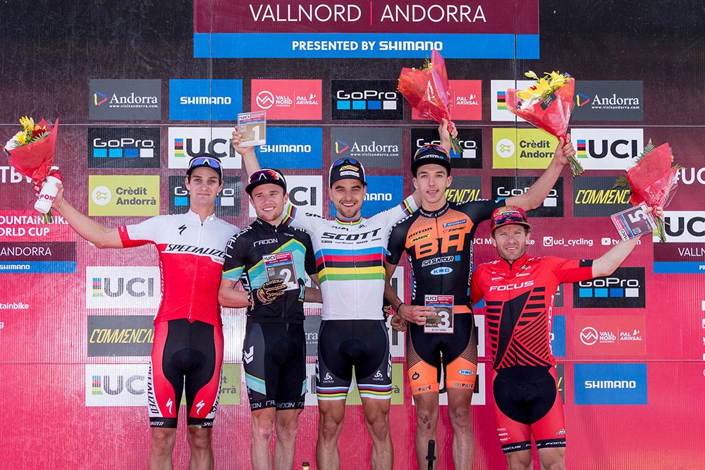 Mens podium: Sam Gaze, Mathias Flueckiger, Nino Schurter, Jordan Sarrou, Florian Vogel