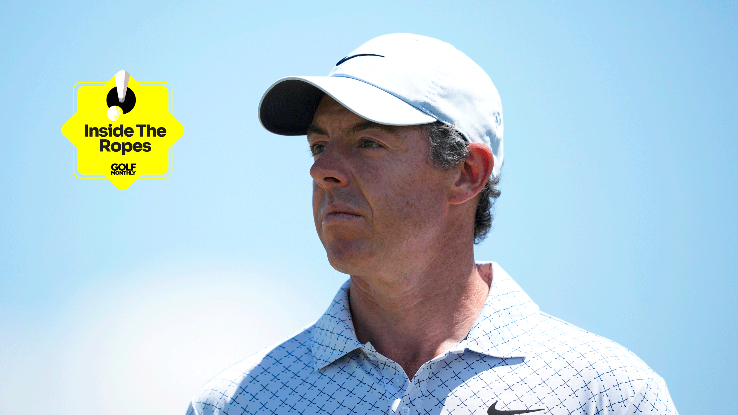 A headshot of Rory McIlroy looking towards the Inside The Ropes sticker (top left)