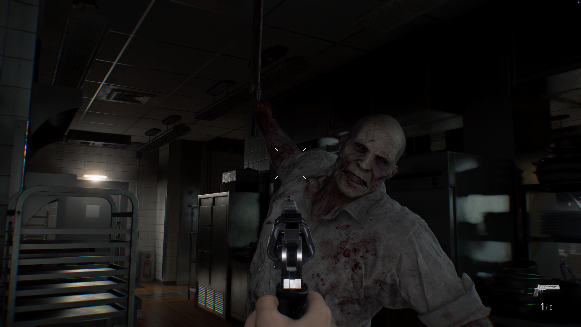 A zombie chef attacks Grace in Resident Evil Requiem as she holds up Leon's handgun