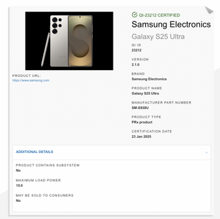 The official Galaxy S25 entry in the WPC database.