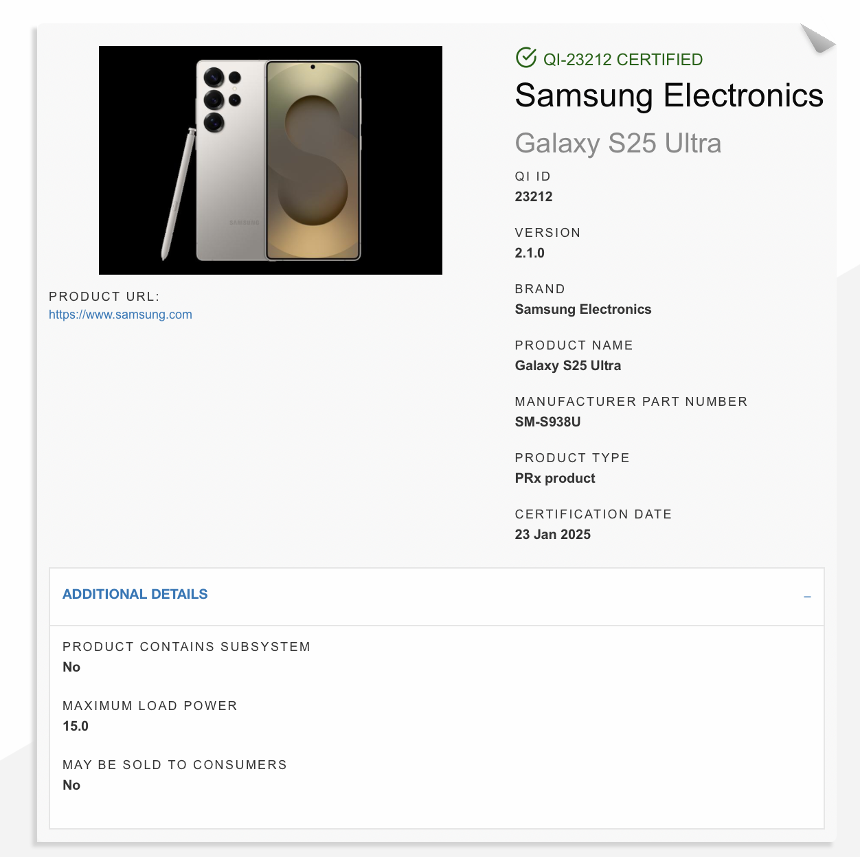 The official Galaxy S25 entry in the WPC database.