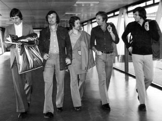 Allan Clarke, Mike Summerbee, Alan Ball, Bobby Moore and Martin Peters leave Heathrow for Poland to their World Cup qualifier