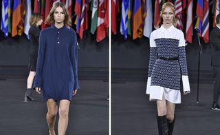 Fashion model with long-sleeved shirts and striped dresses
