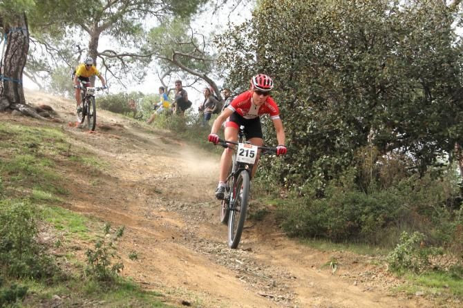 Annika Langvad leads overall leader Jolanda Neff in stage 4 of the Afxentia Stage Race