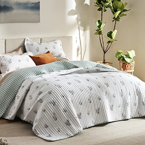 Bedsure Floral Quilt Set Queen - Reversible Botanical Spring Flower Quilt Bedding Set, 3 Pieces Microfiber Lightweight Bedspread, Coverlet With 2 Pillow Shams for All Seasons (90"x96")