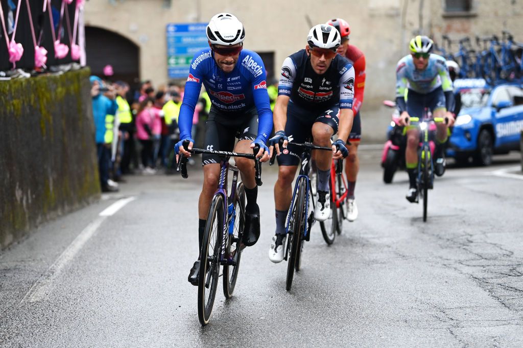 CASSANO MAGNAGO ITALY MAY 20 Davide Ballerini of Italy and Team Soudal Quick Step Stefano Oldani of Italy and Team AlpecinDeceuninck and Toms Skuji of Latvia and Team Trek Segafredo compete in the breakaway during the 106th Giro dItalia 2023 Stage 14 a 194km stage from Sierre to Cassano Magnago UCIWT on May 20 2023 in Cassano Magnago Italy Photo by Tim de WaeleGetty Images