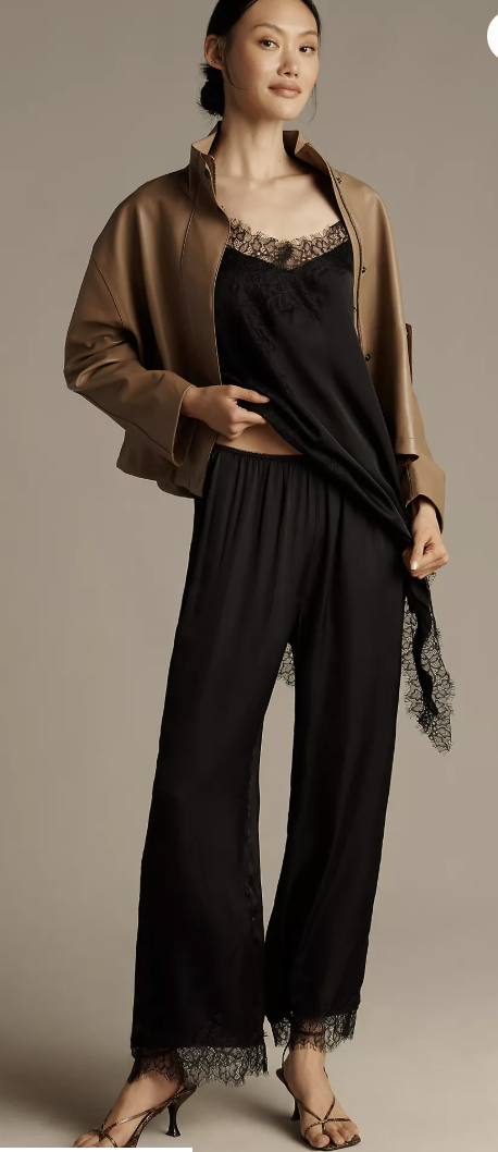 Anthropologie, Lyrebird Satin Lace-Trim Wide-Leg Trousers