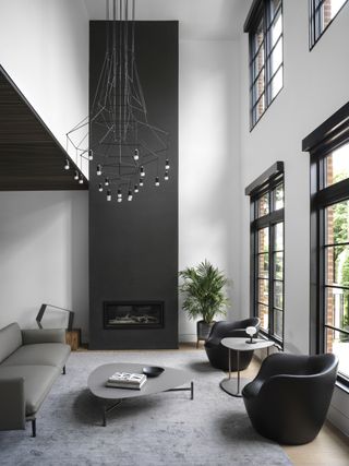 A living room area with dark accent wall