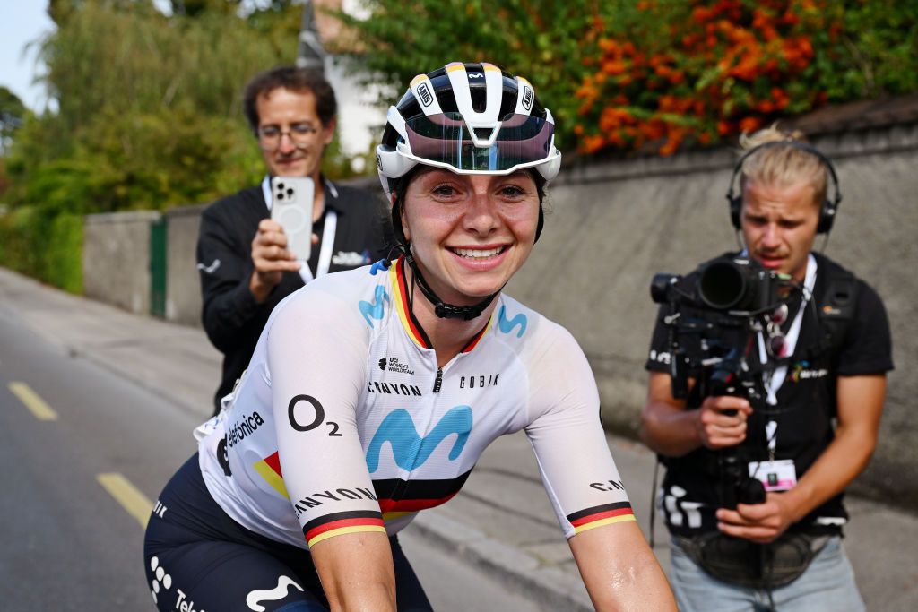 NYON SWITZERLAND SEPTEMBER 17 Stage winner Liane Lippert of Germany and Movistar Team reacts after the 2nd Tour de Romandie Feminin 2023 Stage 3 a 1108km stage from Vernier to Nyon UCIWWT on September 17 2023 in Nyon Switzerland Photo by Dario BelingheriGetty Images