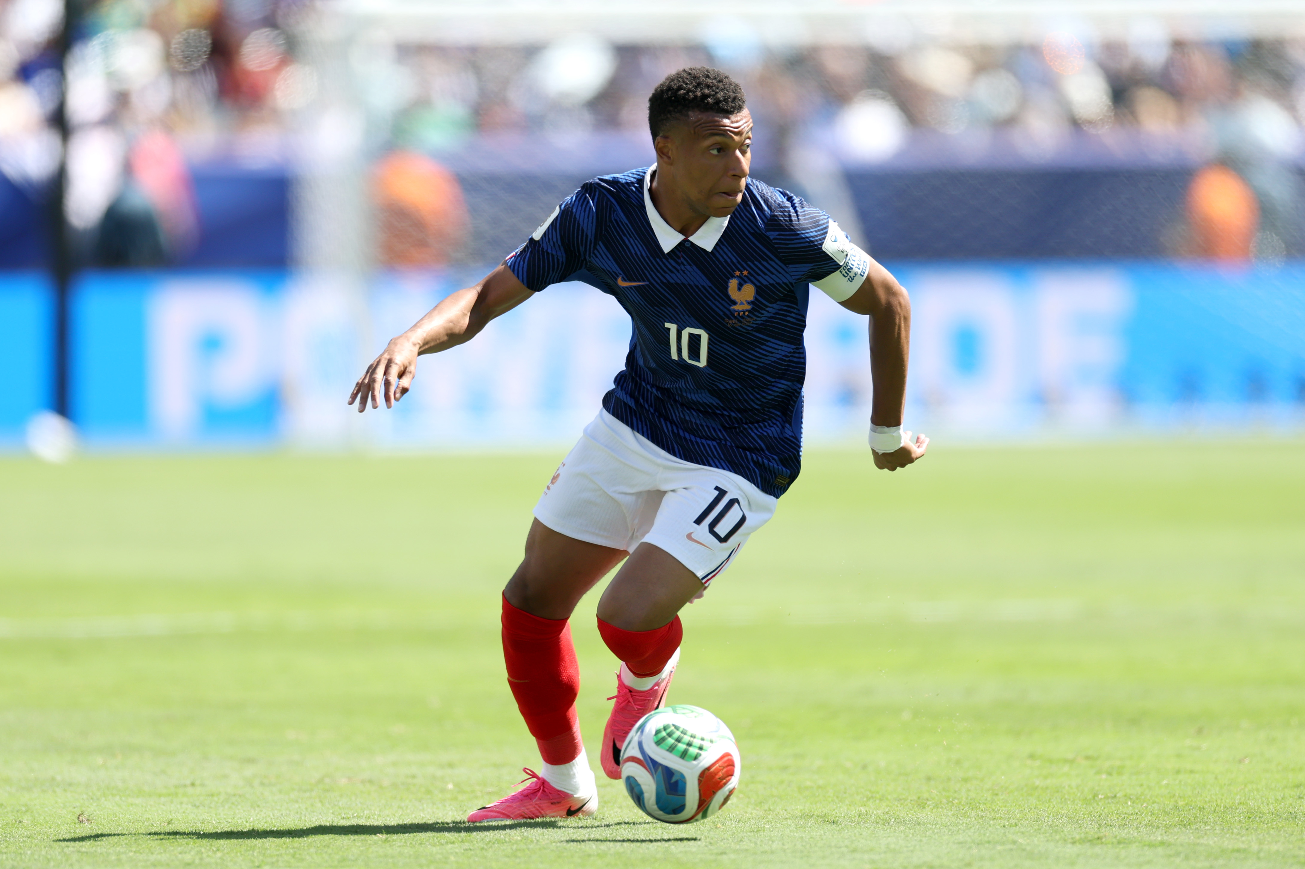Kylian Mbappe #10 of France controls the ball during the FIFA World Cup 2026 Group I match between France and Senegal at New York New Jersey Stadium on June 16, 2026 in East Rutherford, New Jersey.