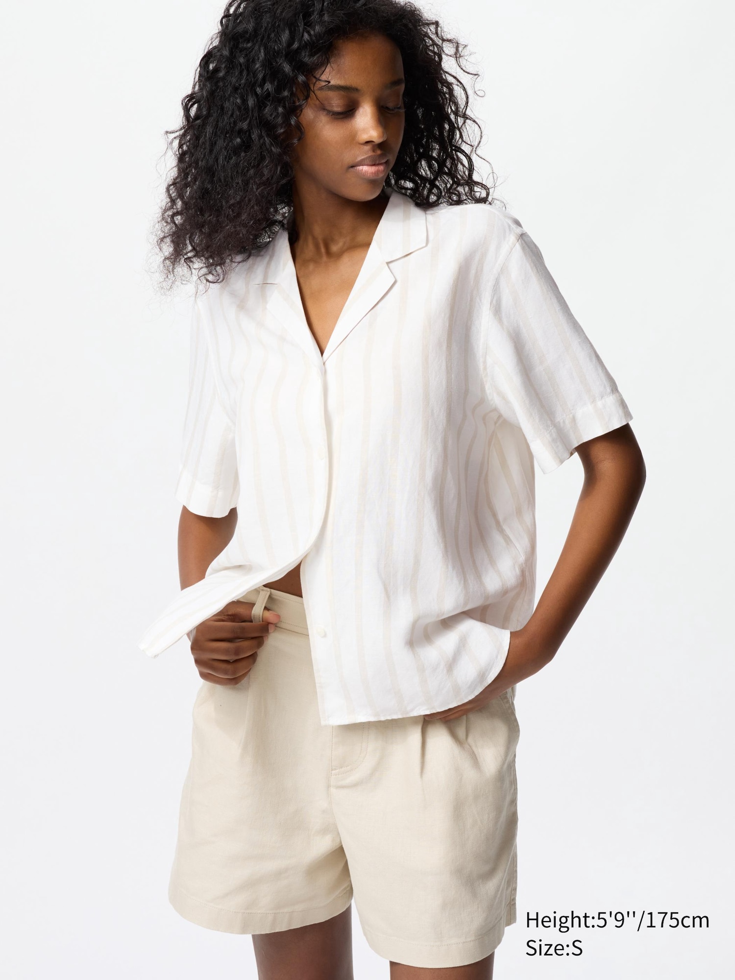 Linen Blend Open Collar Shirt (stripe, Short Sleeve)