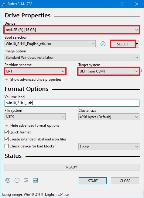 Rufus bootable media using existing Windows 10 ISO