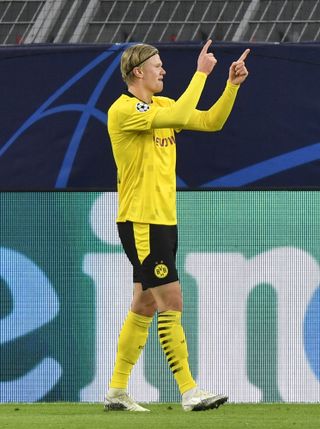 Erling Haaland celebrates his first goal against Club Brugge
