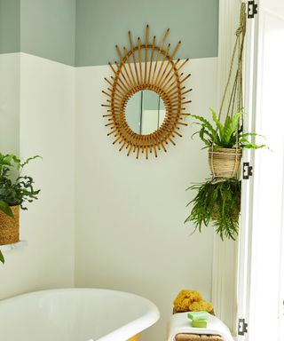 A green small bathroom with two tone painted walls, a rattan mirror, plants hanging from the walls, and a white bath tub below