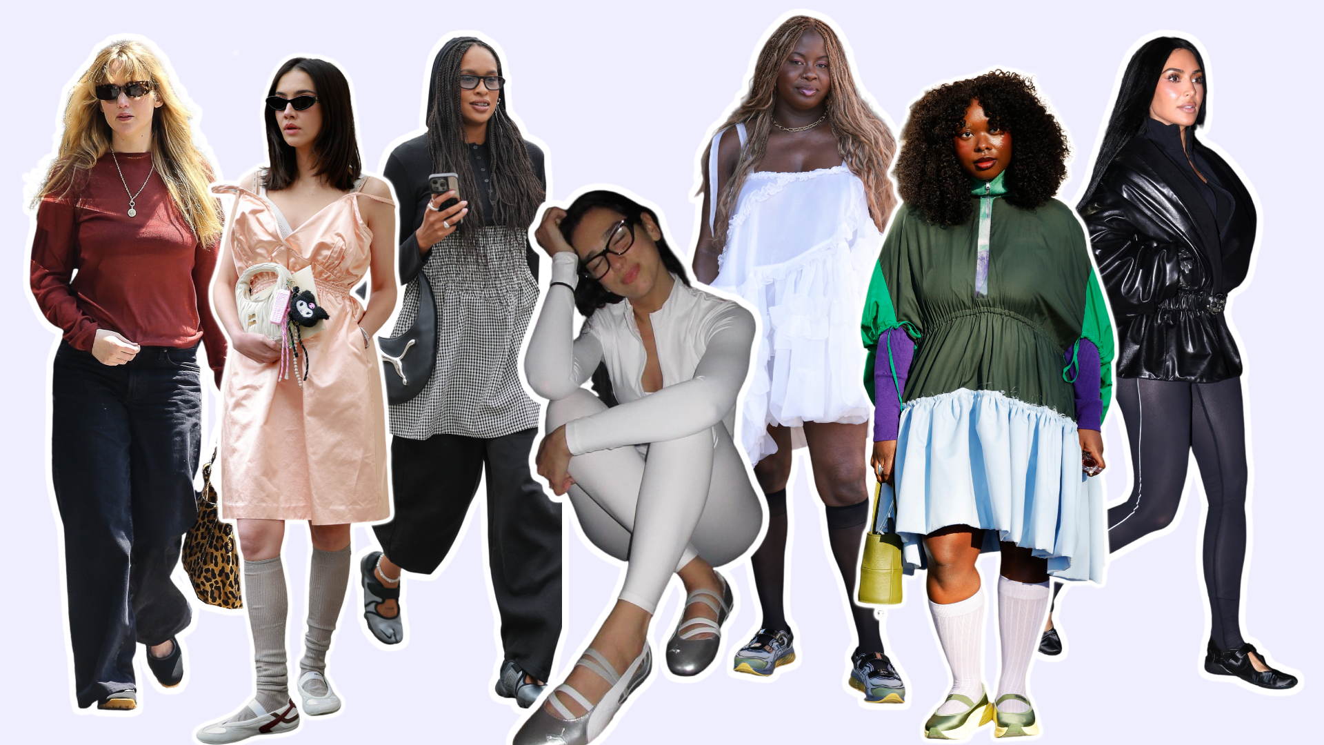 a collage of women wearing Mary Jane sneakers, including fashion week guests, Jennifer Lawrence, Dua Lipa, and Kim Kardashian.