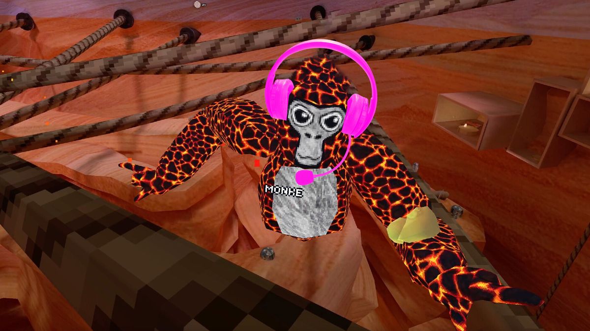 An official Gorilla Tag screenshot made to look like a &quot;monke&quot; is wearing a pink support headset