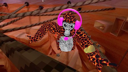 An official Gorilla Tag screenshot made to look like a "monke" is wearing a pink support headset