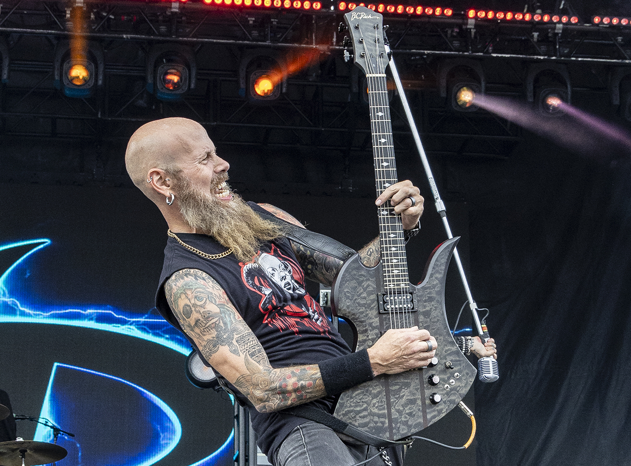 C. J. Pearce of Drowning Pool performs in concert during Rocklahoma at Rockin' Red Dirt Ranch on August 30, 2025 in Pryor, Oklahoma.