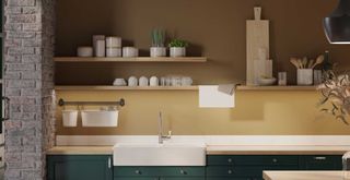 green and yellow kitchen showing opening shelving a key kitchen trends to avoid 2023