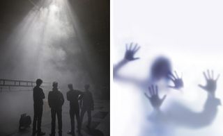 Two images. Left, a group of people standing in smoke with rays of light shining through it. Right, people in a smoky room pressed up against a glass pane.