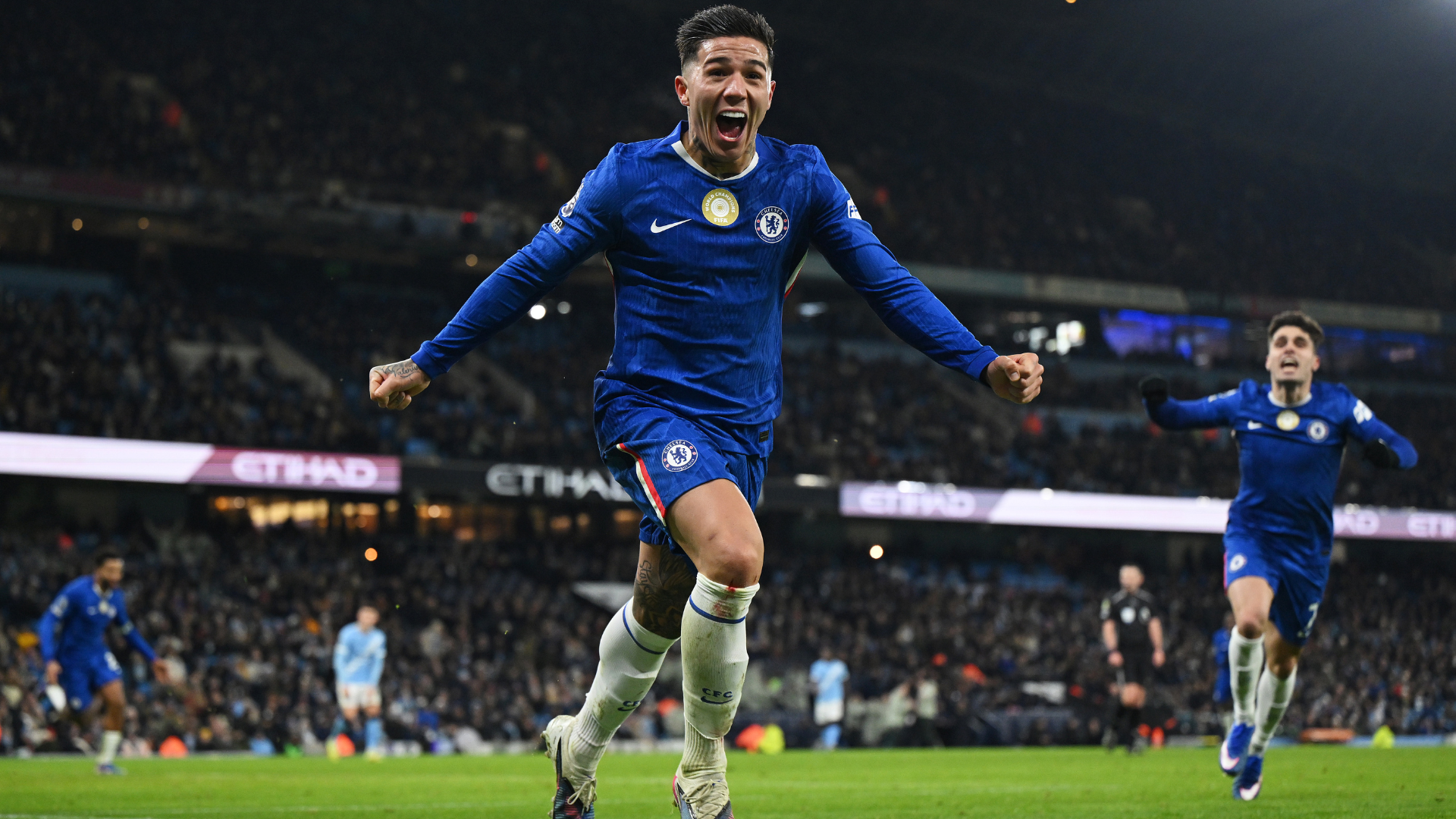 Enzo Fernandez of Chelsea celebrates scoring his team's first goal during the Premier League match between Manchester City and Chelsea at Etihad Stadium on January 04, 2026 in Manchester, England. 