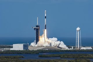 A SpaceX Falcon 9 rocket launches 49 Starlink internet satellites into orbit from Pad 39A of NASA's Kennedy Space Center in Cape Canaveral, Florida on Feb. 3, 2022.