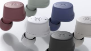 The six colors of Yamaha TW-E3C earbuds floating in the air