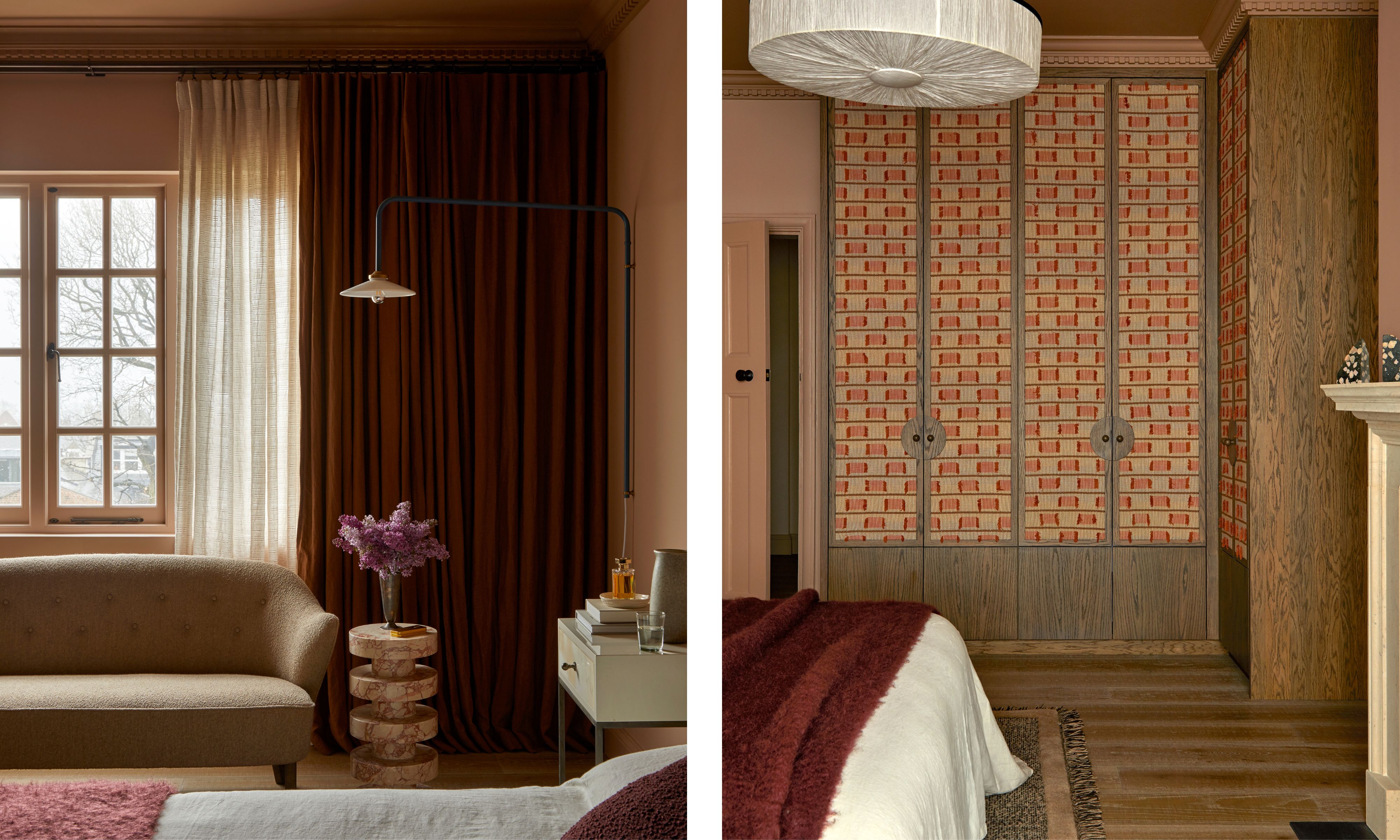 bedroom with sofa in the window and fabric panels on the joinery
