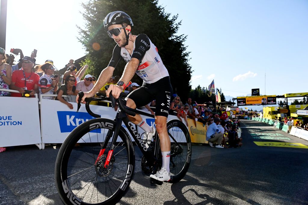 SAINTGERVAIS MONTBLANC FRANCE JULY 16 Adam Yates of United Kingdom and UAE Team Emirates crosses the finish line during the stage fifteen of the 110th Tour de France 2023 a 179km stage from Les Gets les Portes du Soleil to SaintGervais MontBlanc 1379m UCIWT on July 16 2023 in SaintGervais MontBlanc France Photo by Tim de WaeleGetty Images