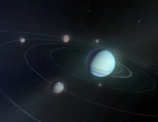 An illustration of Uranus and its five largest moons, Miranda, Ariel, Umbriel, Titania and Oberon. 