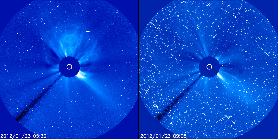 Fast-moving protons from a solar energetic particle (SEP) event cause interference that looks like snow in these images from the Solar Heliospheric Observatory taken on January 23, 2012. Credit: SOHO/ESA &amp; NASA