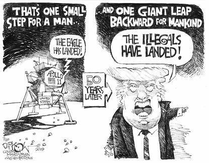 Political Cartoon U.S. Leap Backward Trump Racism Moon Landing