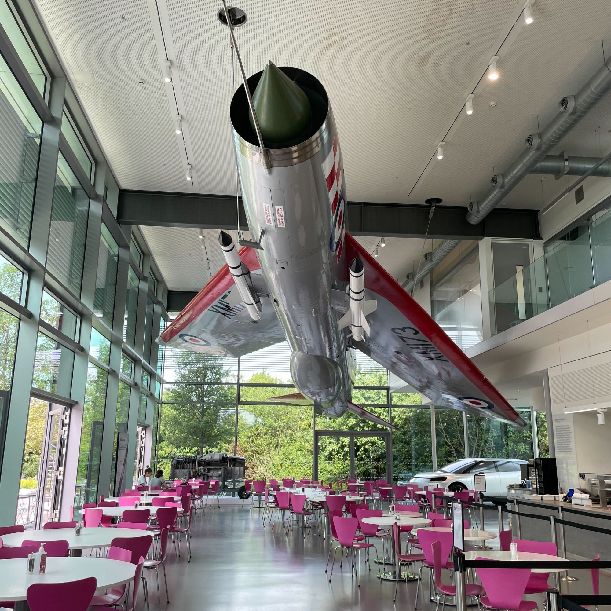 Dyson cafeteria with a full-size plane hanging from the ceiling