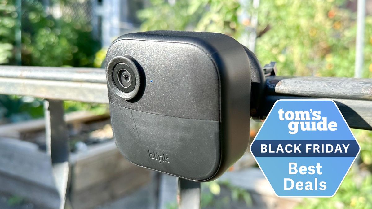 A Blink Outdoor 4 security camera with a Tom&#039;s Guide Black Friday deals badge