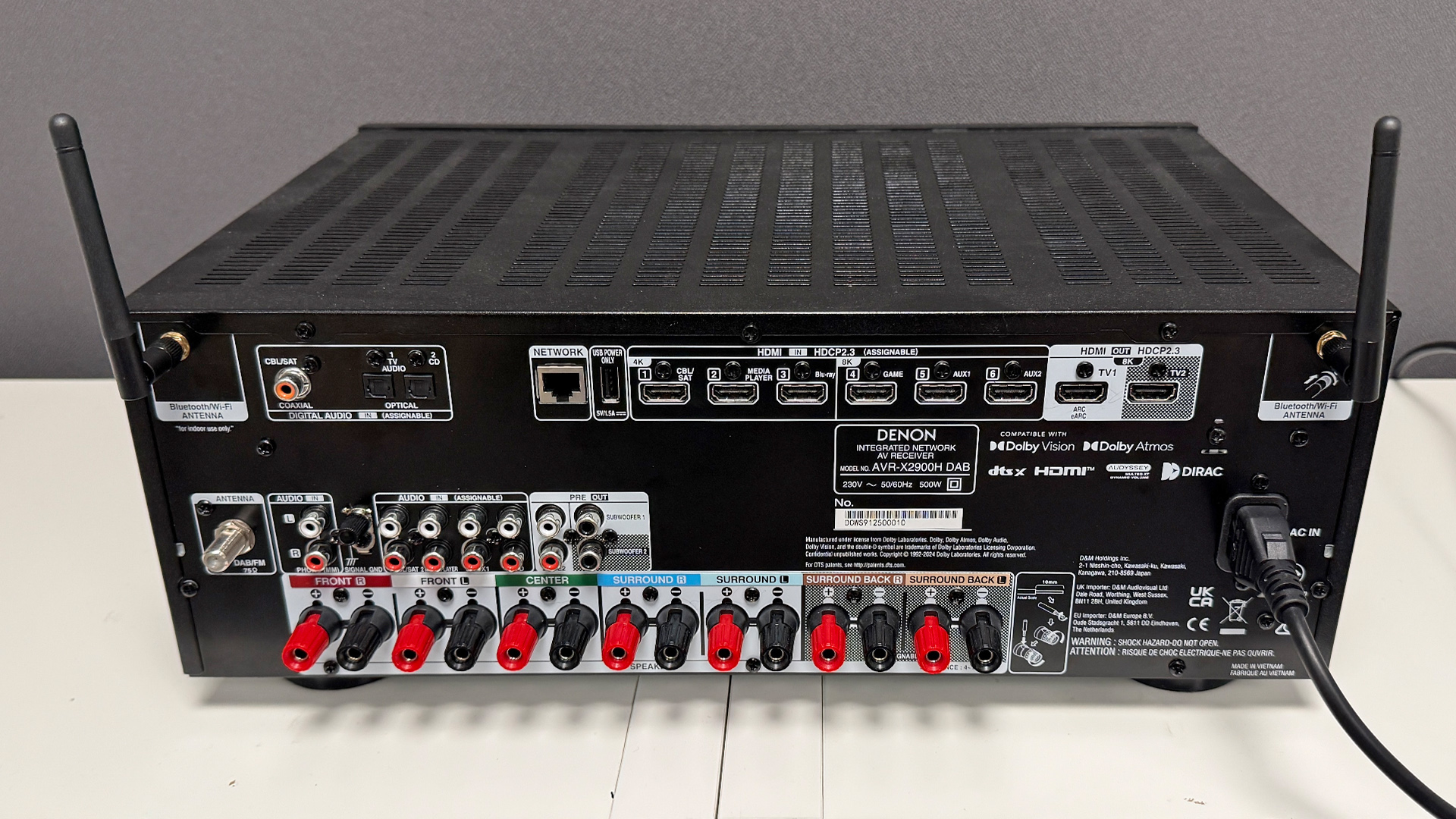 Denon AVR-X2900H home cinema amplifier, rear of unit showing connections