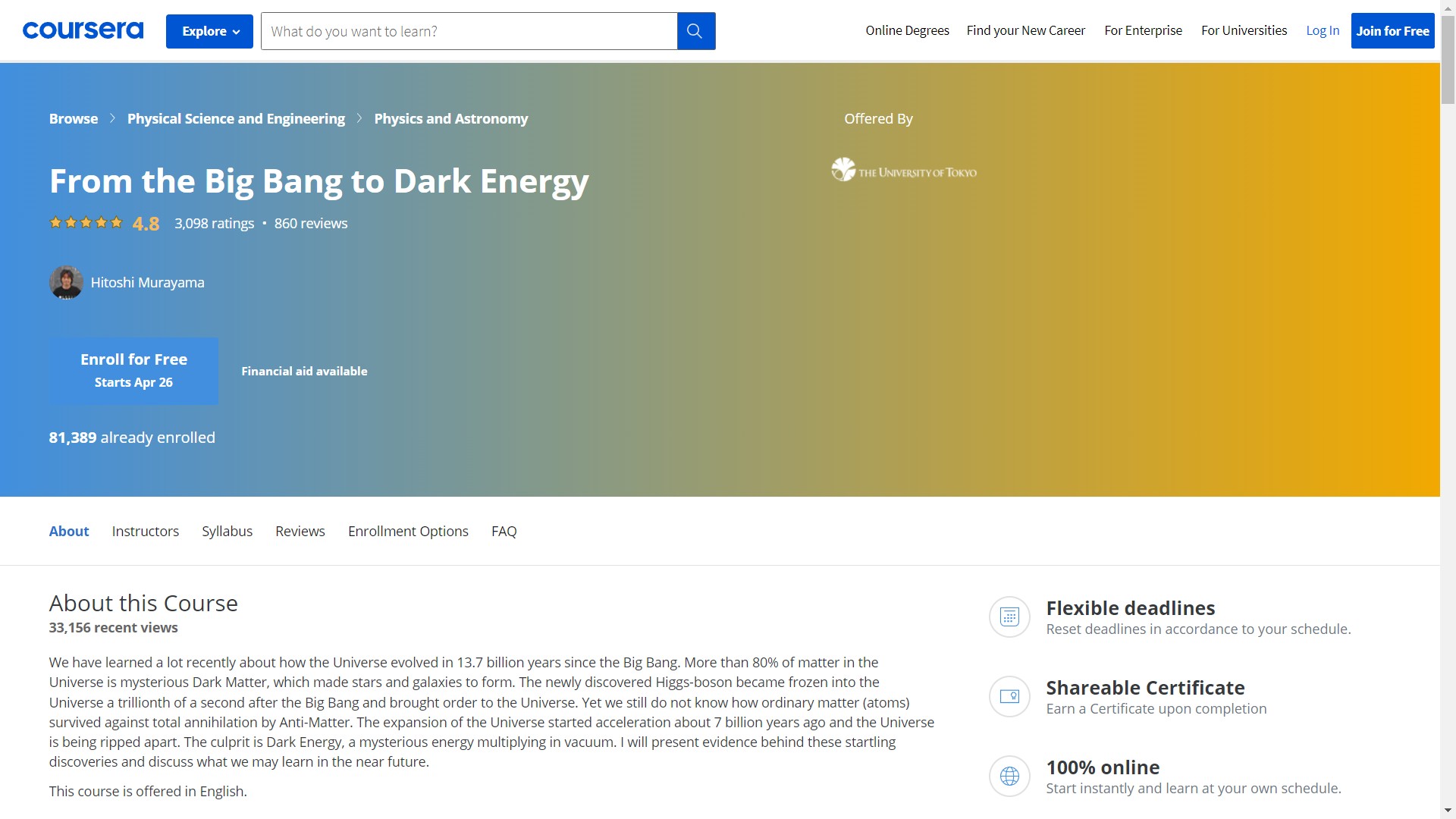From the Big Bang to Dark Energy. The University of Toronto via Coursera.