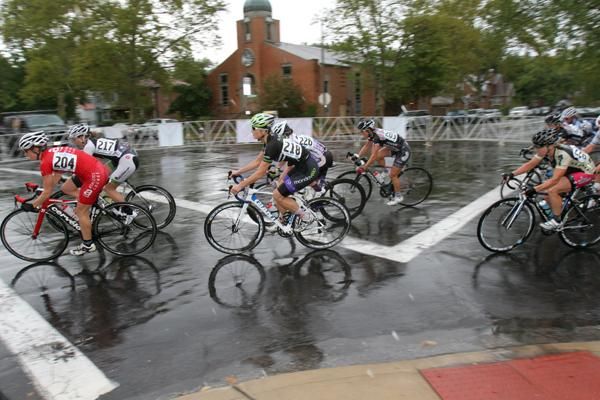 The women's field set off in a downpour