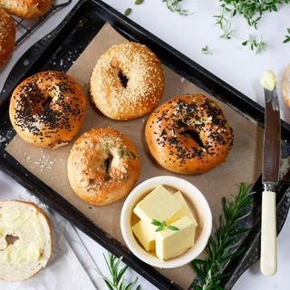 Air fried bagels on oven tray