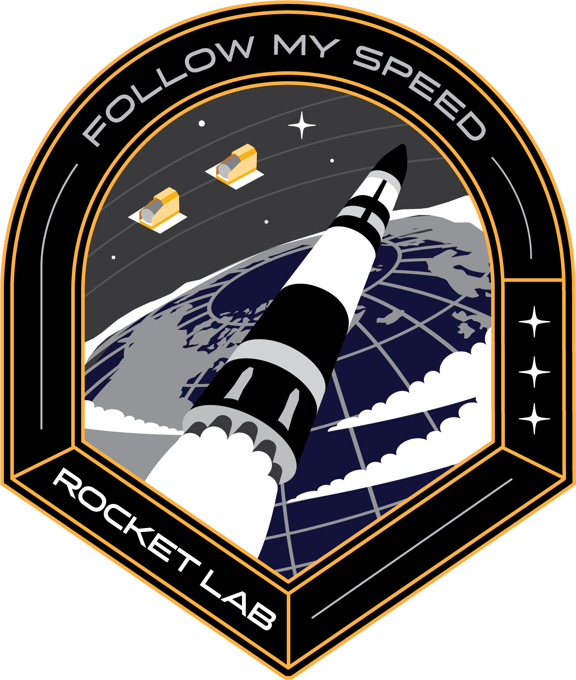 A mission patch with a rocket and two satellites flying over Earth.