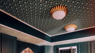 Divine Savages Deco Martini wallpaper on the ceiling of a green kitchen