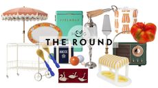 Summer hosting essentials you didn't know you needed, including an outdoor bar cart, swan-shaped lemon squeezer trio, retro drink cooler, and inflatable cabana, pictured against a white background