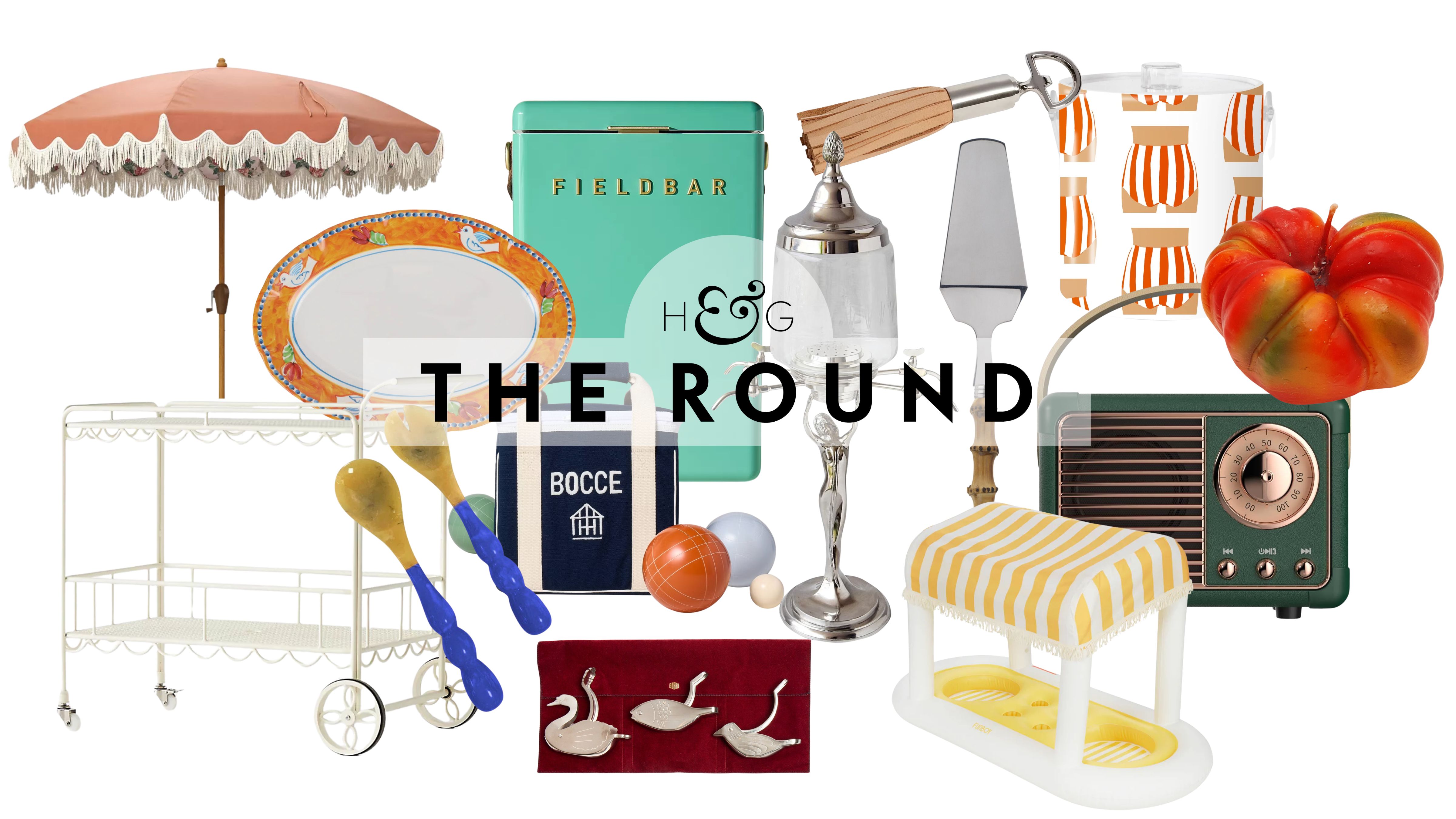 Summer hosting essentials you didn't know you needed, including an outdoor bar cart, swan-shaped lemon squeezer trio, retro drink cooler, and inflatable cabana, pictured against a white background