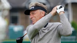 Bernhard Langer takes a shot in a practice round before the Senior Open