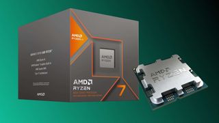 Promotional image of the retail packaging for the Rzyen 7 8700G APU next to a generic Ryzen CPU image, against a colored background