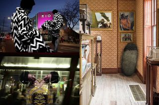 Three images in one. Top left: female wearing a black and white zig-zag design coat and is super imposed twice onto a street infront of a building called RIO. Below: A mirror image of a female with her head tilted in a bus window. Right: Inside a room with red patterned wallpaper, three portrait paintings on the wall and artefacts on the ground.