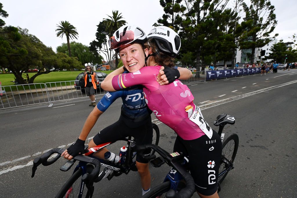 GEELONG AUSTRALIA JANUARY 28 LR Loes Adegeest of The Netherlands and Team FDJSUEZ celebrates at finish line as race winner with Grace Brown of Australia Pink UCI Womens WorldTour Leader Jersey during the 7th Cadel Evans Great Ocean Road Race 2023 Womens Elite a 1408km one day race from Geelong to Geelong CadelRoadRace UCIWWT on January 28 2023 in Geelong Australia Photo by Tim de WaeleGetty Images