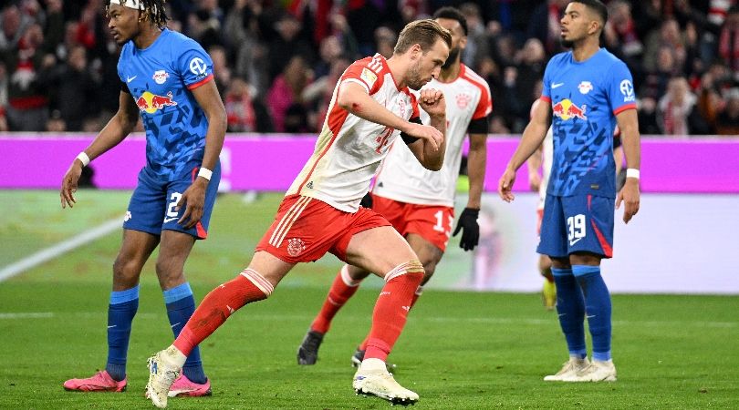 Harry Kane celebrates after scoring Bayern Munich&#039;s second goal in their 2-1 win over RB Leipzig in February 2024.