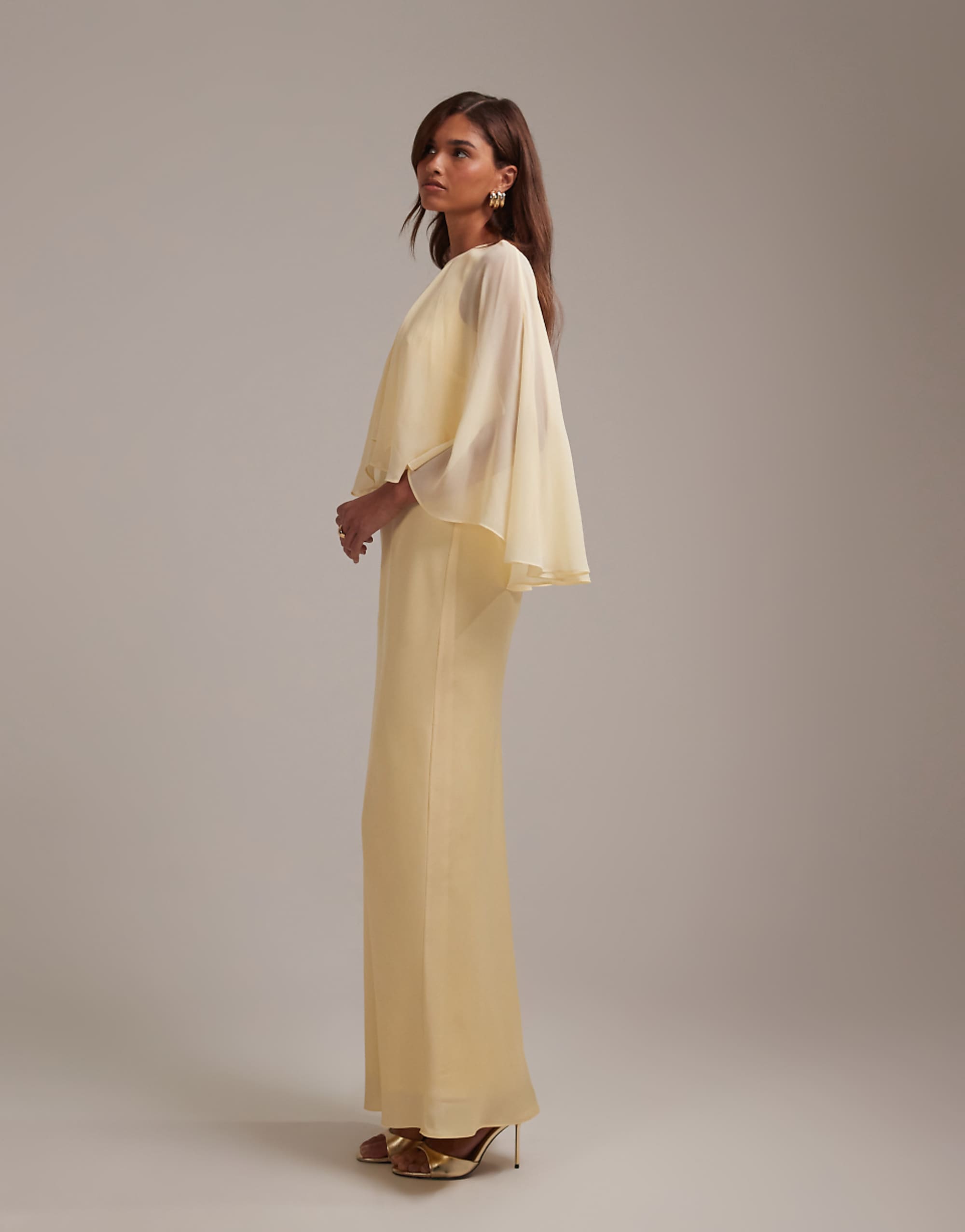 Asos Design Bridesmaids Sheer Chiffon Cape Overlay With Bias Cut Satin Dress in Lemon